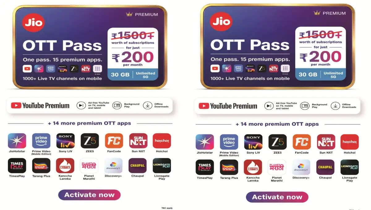 Jios new OTT Pass 15 premium OTT apps 1000 plus TV channels and 30GB data for just Rs 200